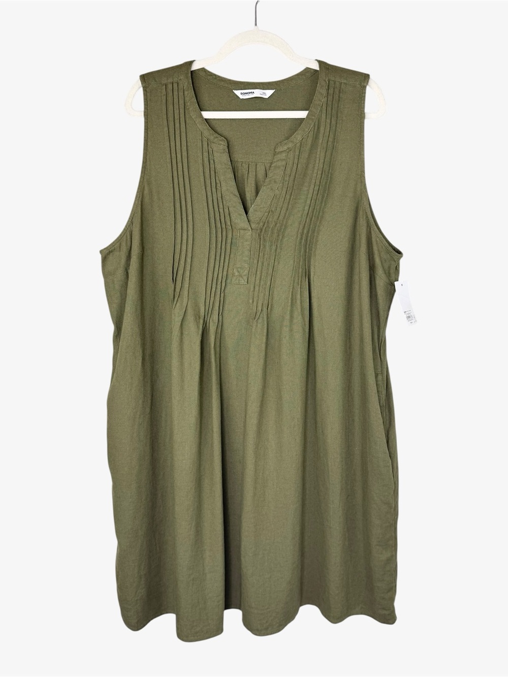 Sonoma Olive Green Sleeveless Linen A-Line Dress XXL V-Neck Babydoll Summer NWT